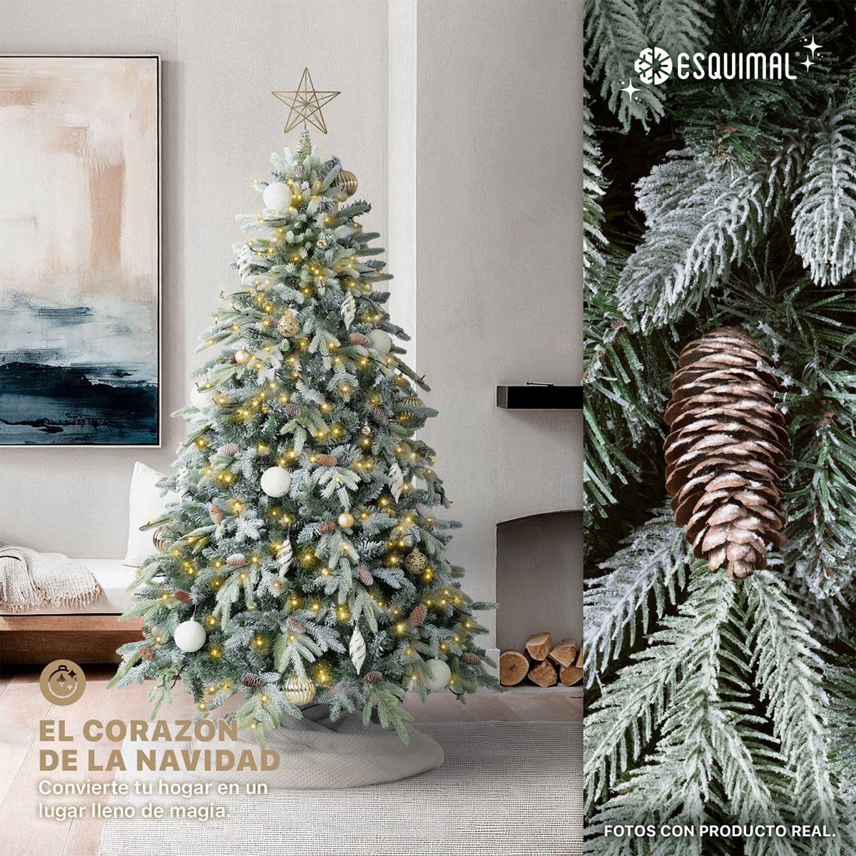 Árbol de Navidad Nevado con Piñas 2.5m. 1630 Ramas. Pino Navideño con Nieve Artificial (Verde). Esquimal