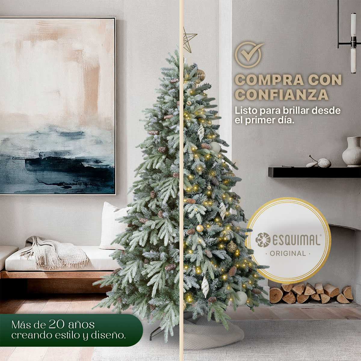 Árbol de Navidad Nevado con Piñas 2.5m. 1630 Ramas. Pino Navideño con Nieve Artificial (Verde). Esquimal