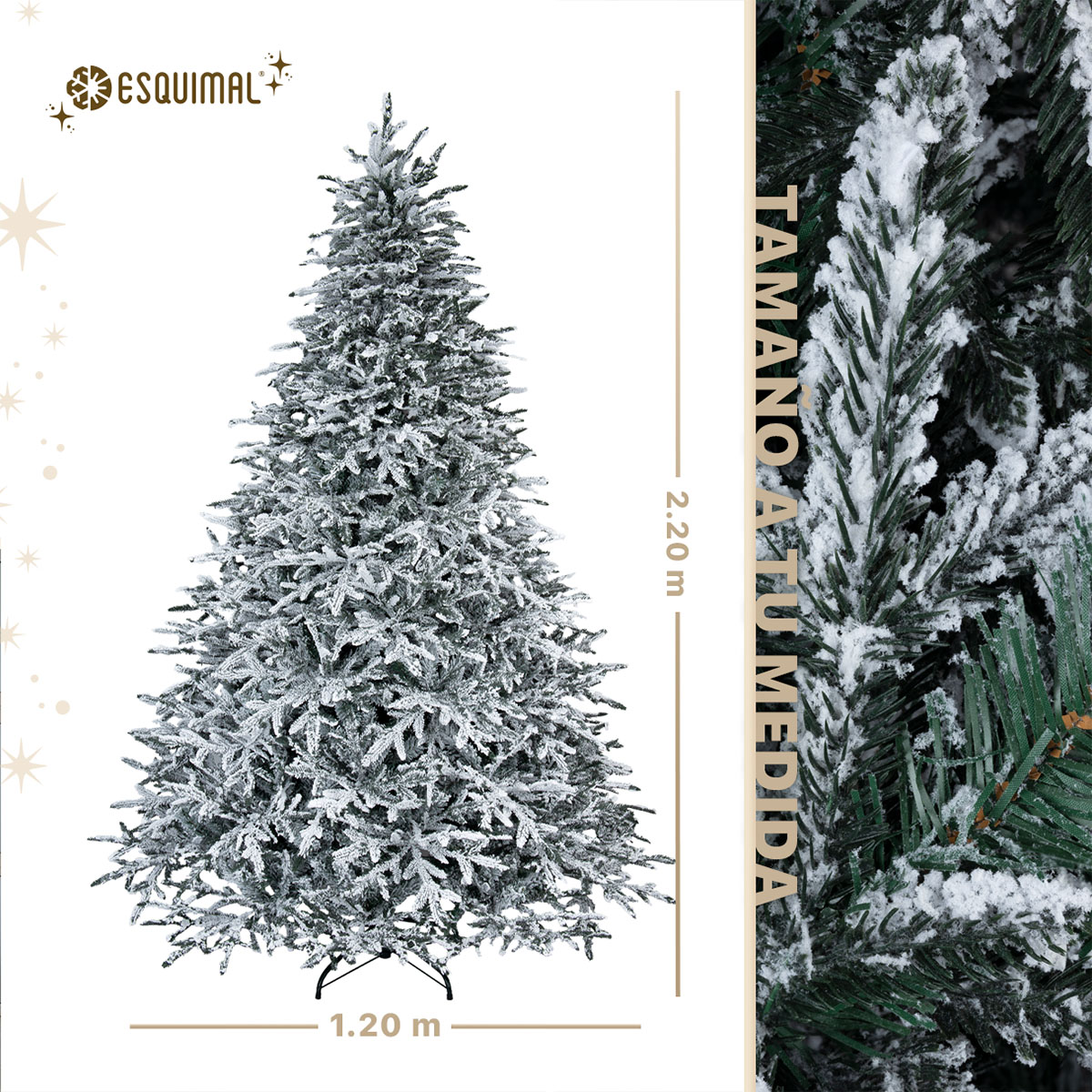 Árbol de Navidad Nevado Pino de 2.2m 1300 Ramas para Temporada Navideña (Verde). ESQUIMAL