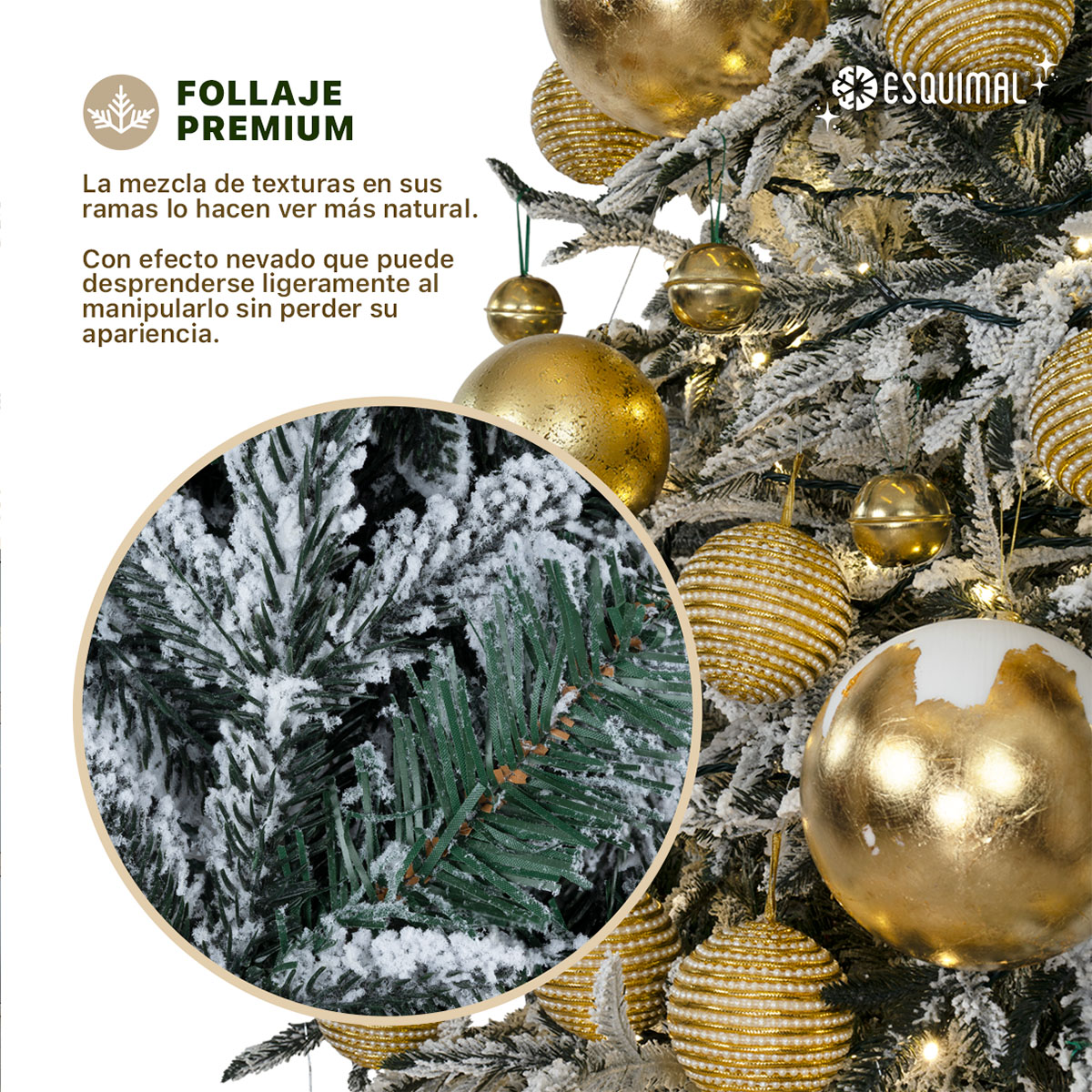 Árbol de Navidad Nevado Pino de 2.2m 1300 Ramas para Temporada Navideña (Verde). ESQUIMAL