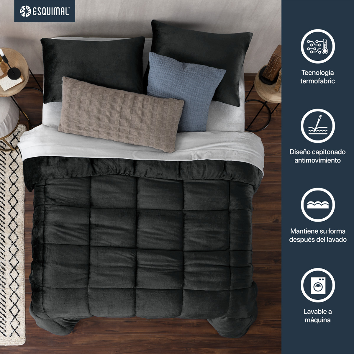 Edredón Invernal Cobertor Matrimonial + Fundas Negro ESQUIMAL.
