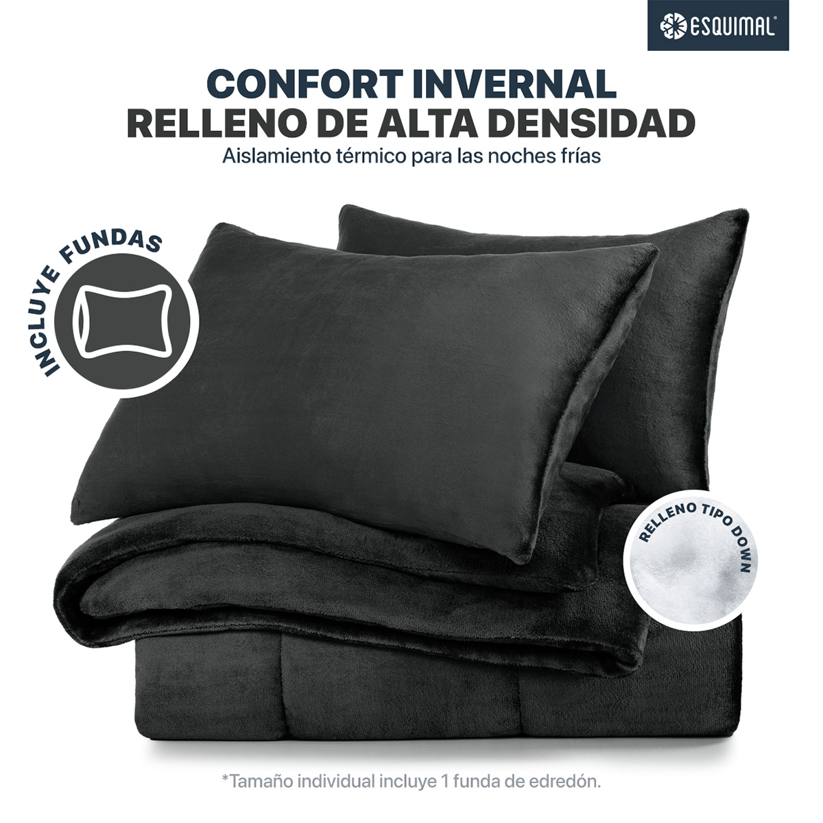 Edredón Invernal Cobertor Matrimonial + Fundas Negro ESQUIMAL.