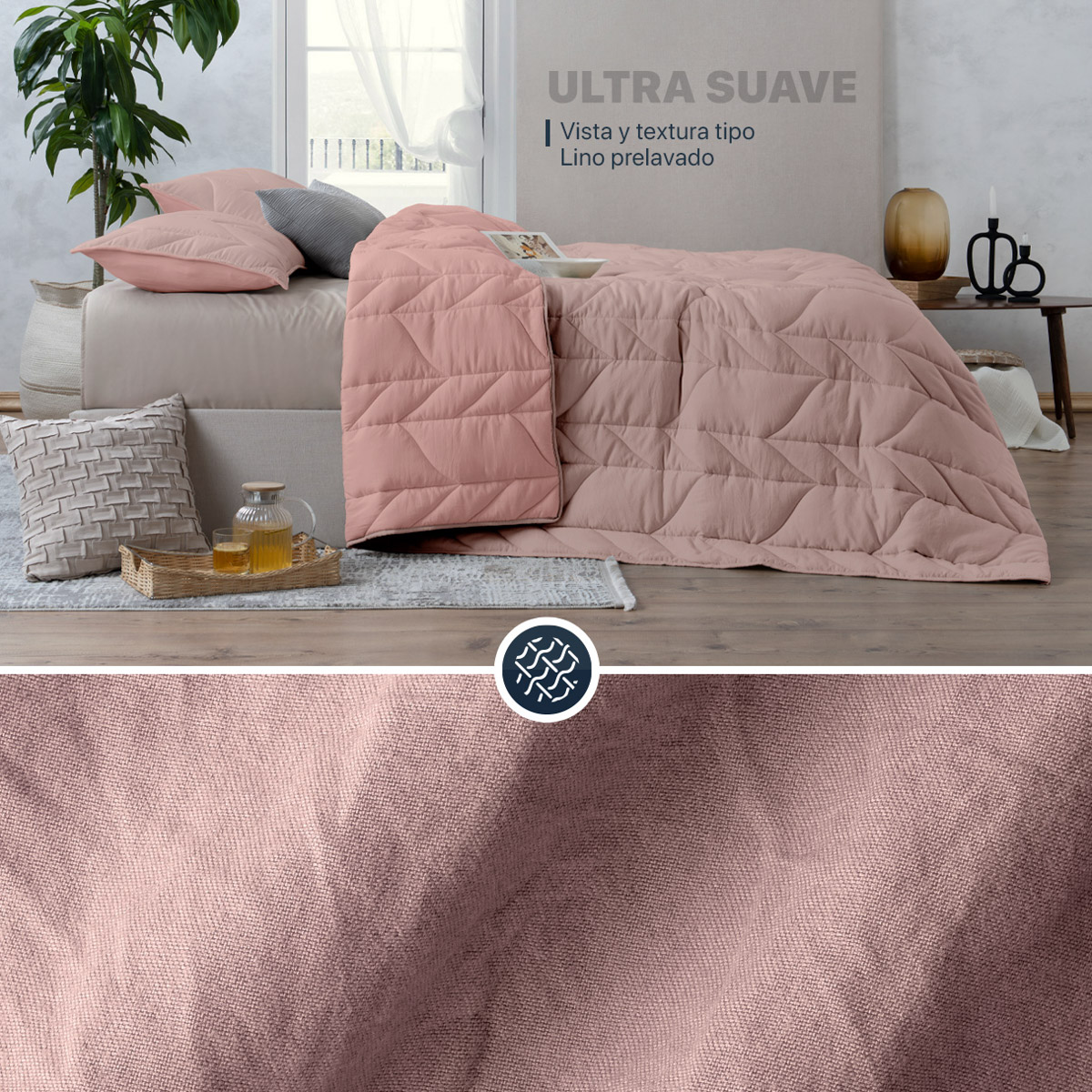 Edredón Capitonado de Lujo Individual con Fundas Palo de rosa - Rosa Esquimal