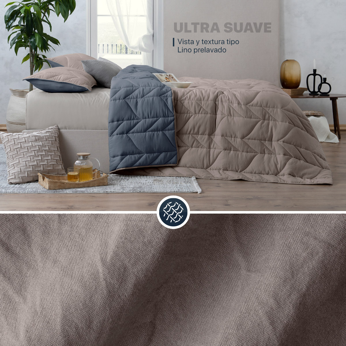 Edredón Capitonado de Lujo King Size con Fundas Khaki - Azul Esquimal.