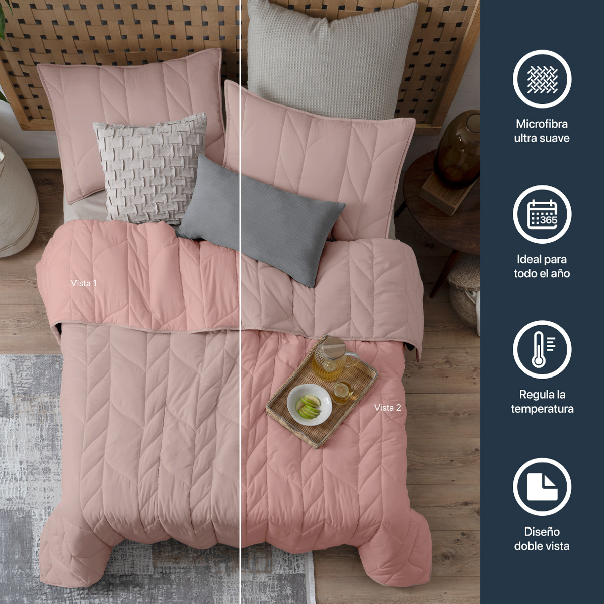 Edredón Capitonado de Lujo Individual con Fundas Palo de rosa - Rosa Esquimal