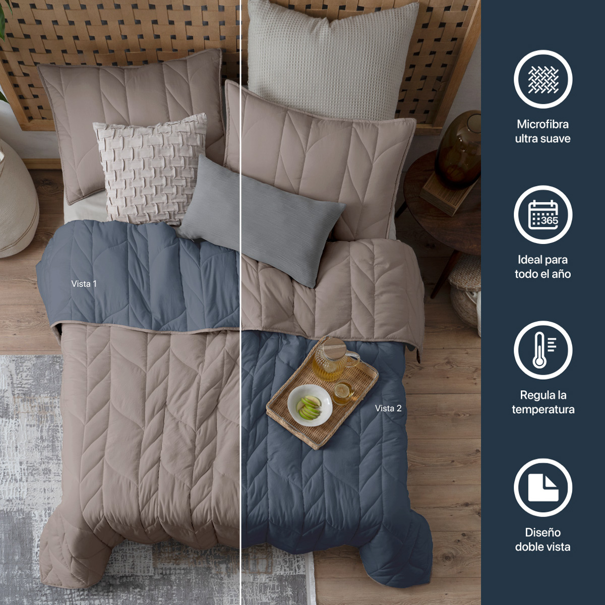 Edredón Capitonado de Lujo King Size con Fundas Khaki - Azul Esquimal.