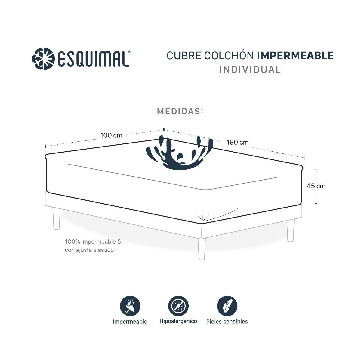 Cubre Colchón Individual 100% Impermeable Protector Hipoalergénico de Poliéster ESQUIMAL