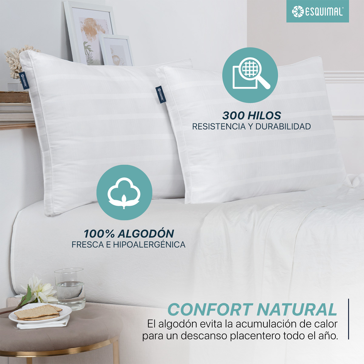 Almohadas de Algodón Tamaño King Size Set con 2 Piezas Hipoalergénica ESQUIMAL