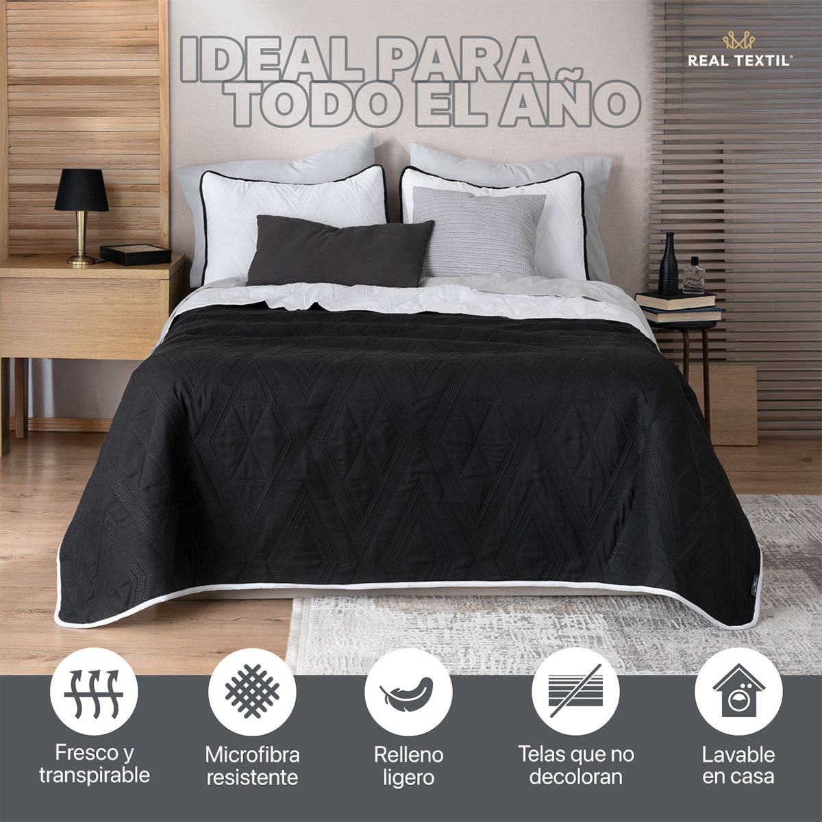 Edredón Ligero Queen Size Doble Vista con Funda Negro Blanco