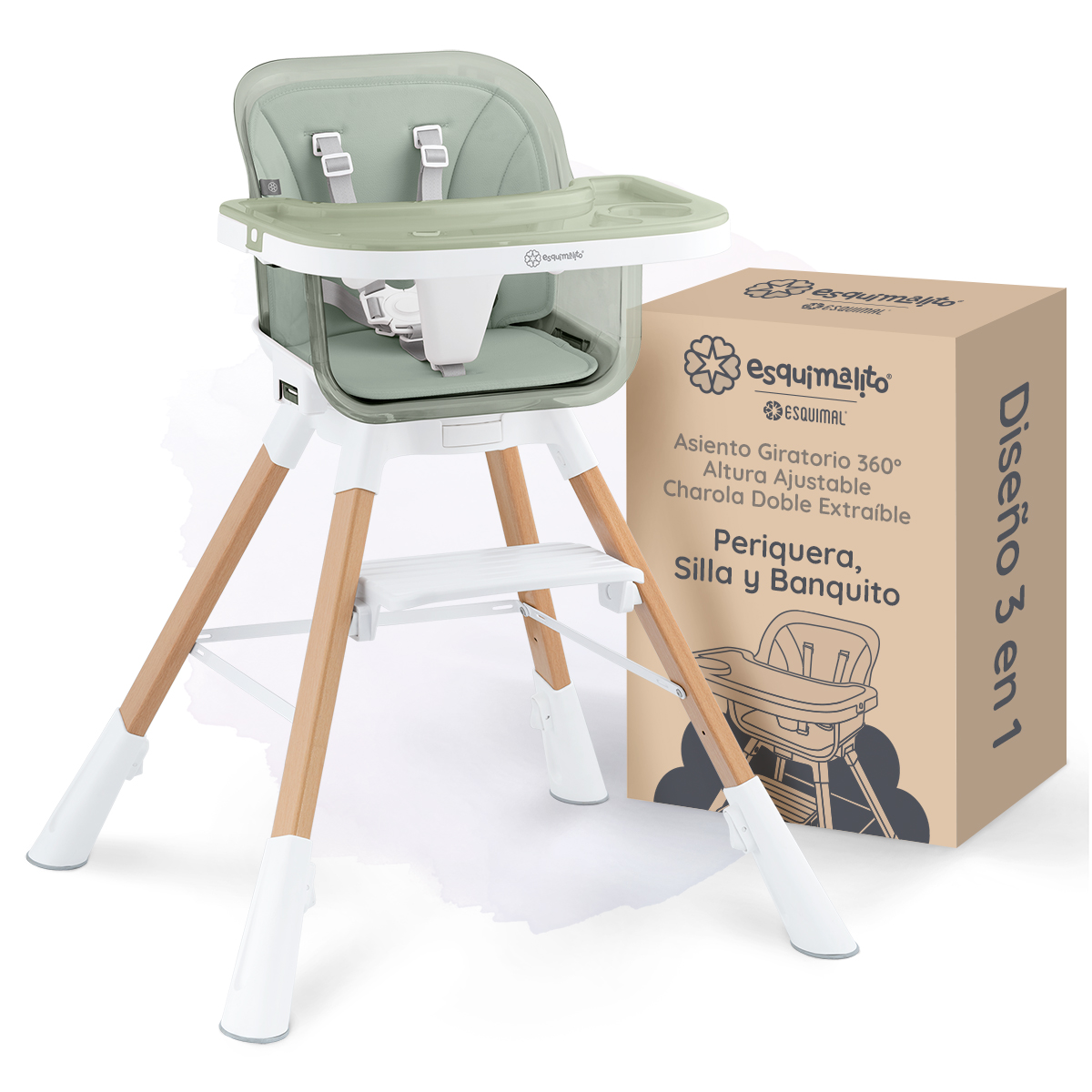 Periquera para Bebé 3 en 1, Silla Alta con Charola Desmontable, Asiento 360°, Altura Ajustable, Color Verde Esquimal