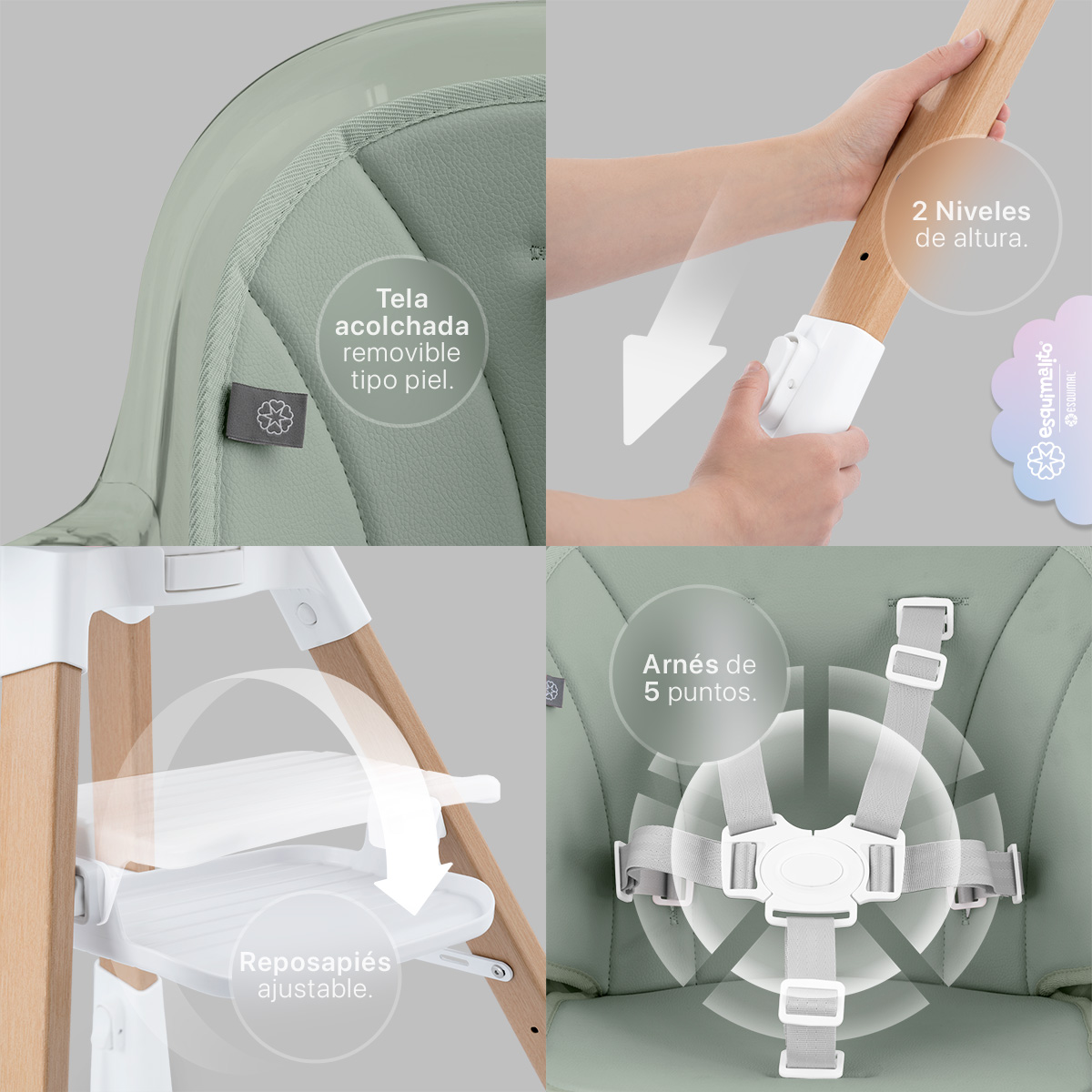 Periquera para Bebé 3 en 1, Silla Alta con Charola Desmontable, Asiento 360°, Altura Ajustable, Color Verde Esquimal