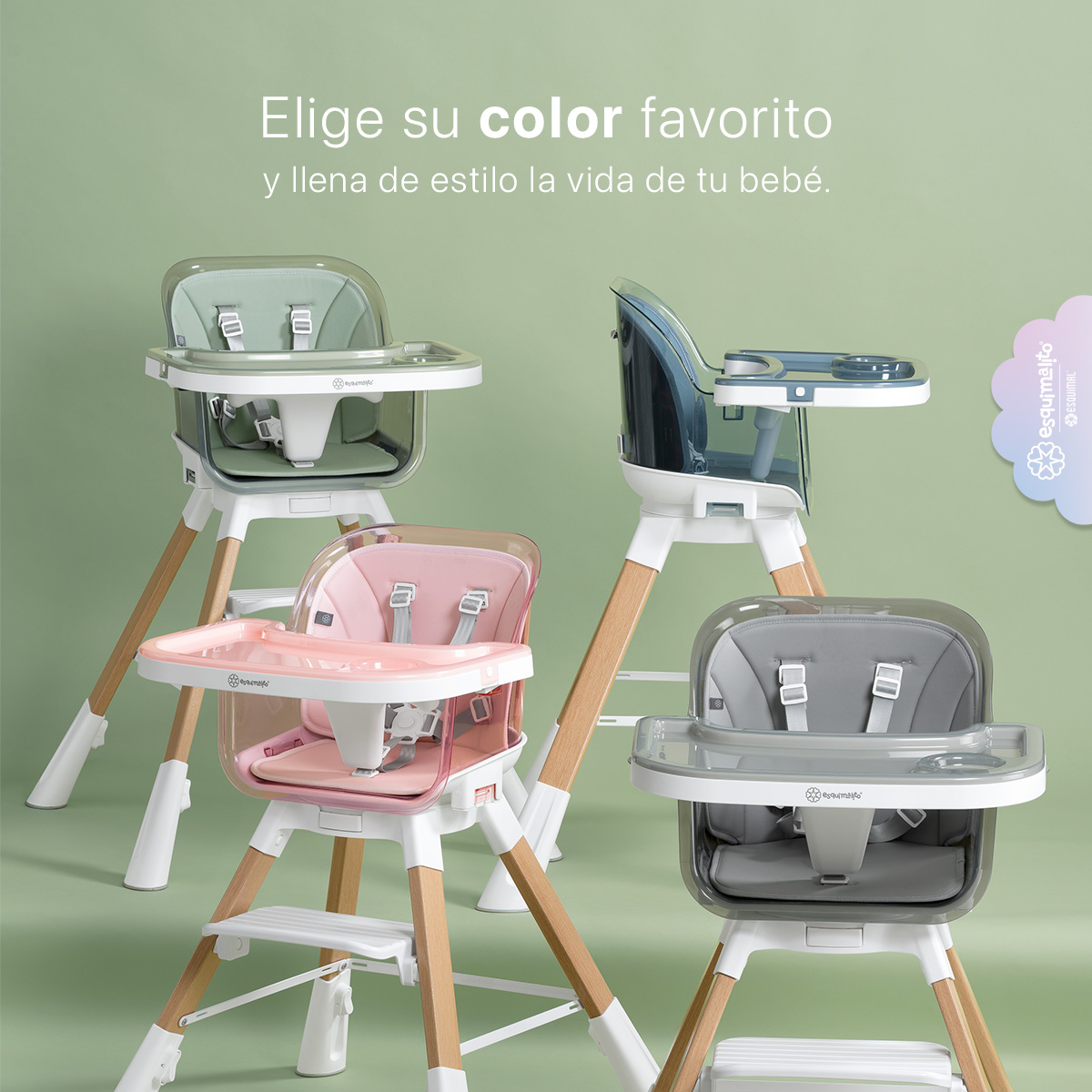 Periquera para Bebé 3 en 1, Silla Alta con Charola Desmontable, Asiento 360°, Altura Ajustable, Color Verde Esquimal