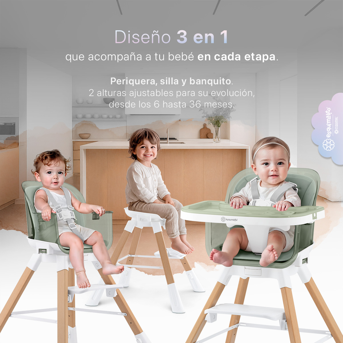 Periquera para Bebé 3 en 1, Silla Alta con Charola Desmontable, Asiento 360°, Altura Ajustable, Color Verde Esquimal