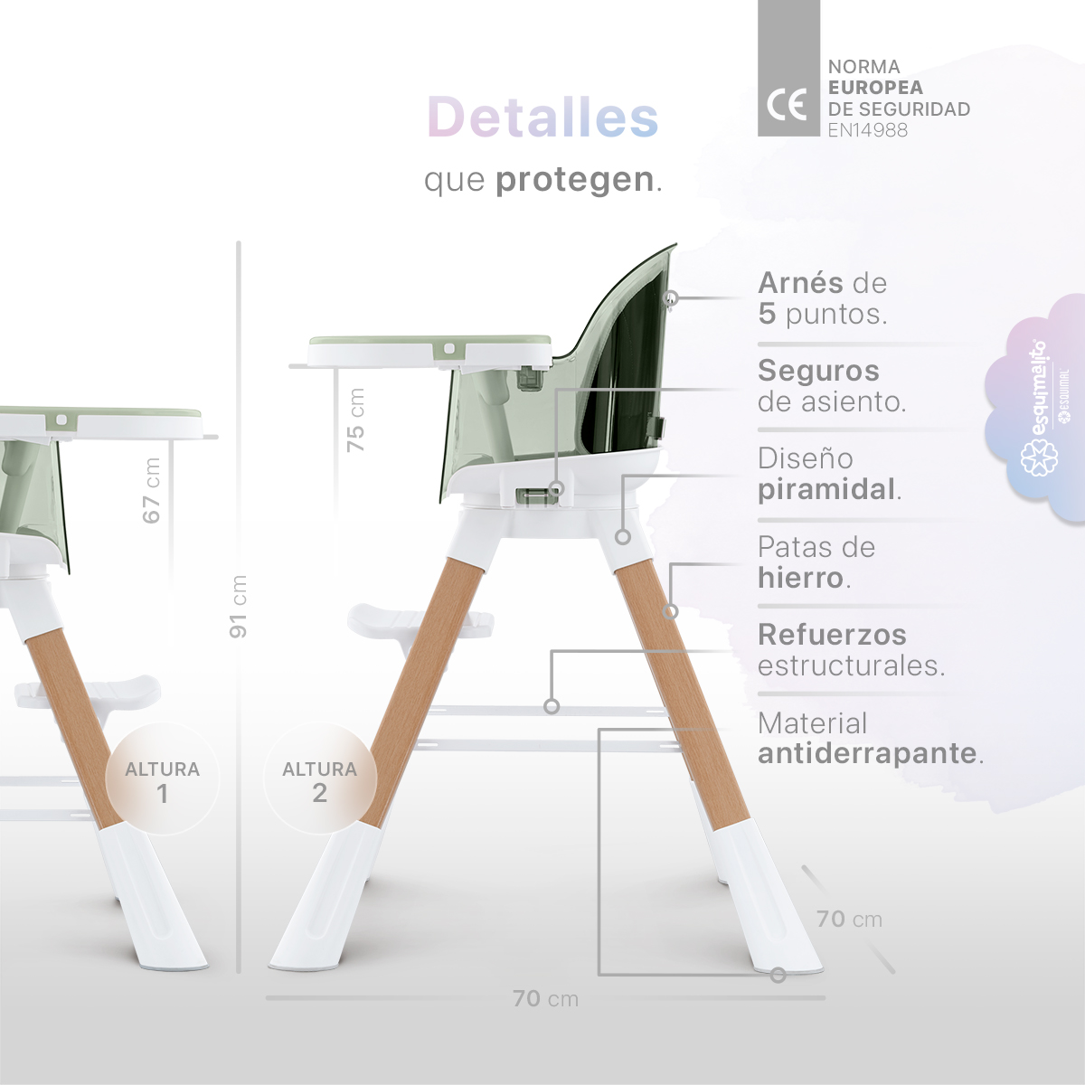 Periquera para Bebé 3 en 1, Silla Alta con Charola Desmontable, Asiento 360°, Altura Ajustable, Color Verde Esquimal