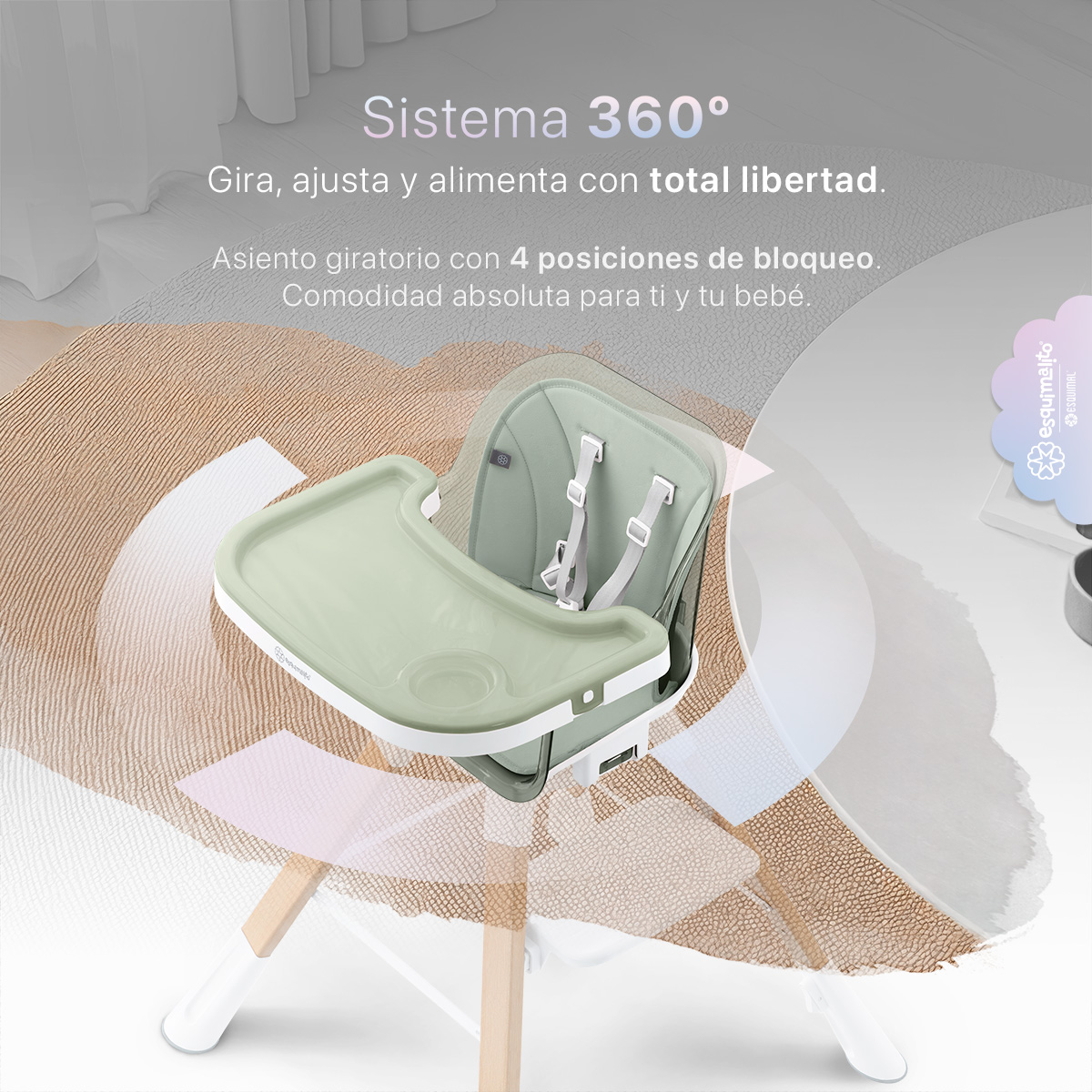 Periquera para Bebé 3 en 1, Silla Alta con Charola Desmontable, Asiento 360°, Altura Ajustable, Color Verde Esquimal