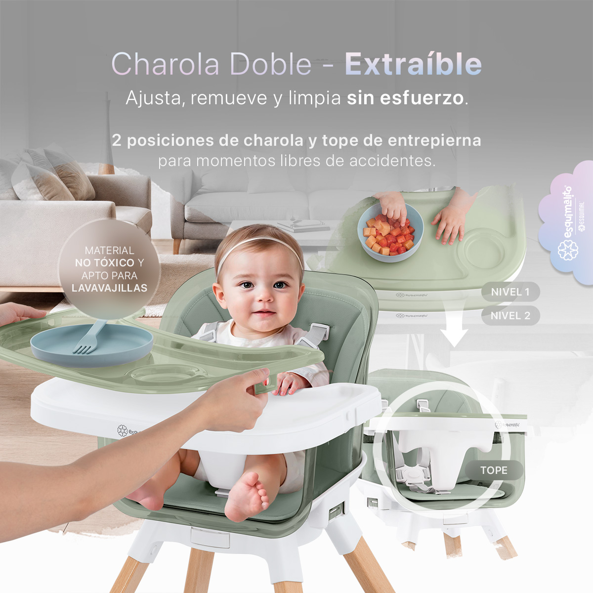 Periquera para Bebé 3 en 1, Silla Alta con Charola Desmontable, Asiento 360°, Altura Ajustable, Color Verde Esquimal