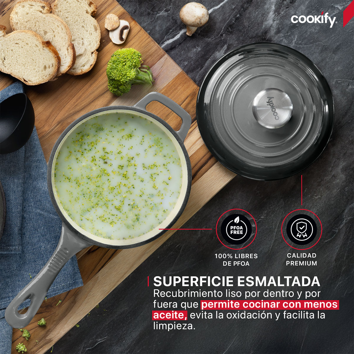 Horno Holandés Olla De Hierro Fundido Con Esmaltado1.5 Lts Gris Cookify.