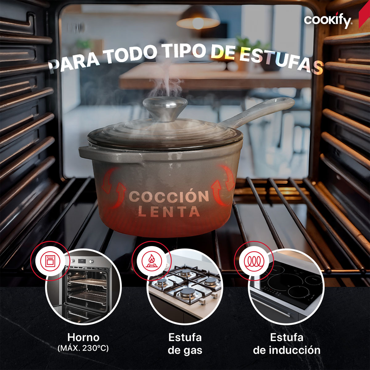 Horno Holandés Olla De Hierro Fundido Con Esmaltado1.5 Lts Gris Cookify.