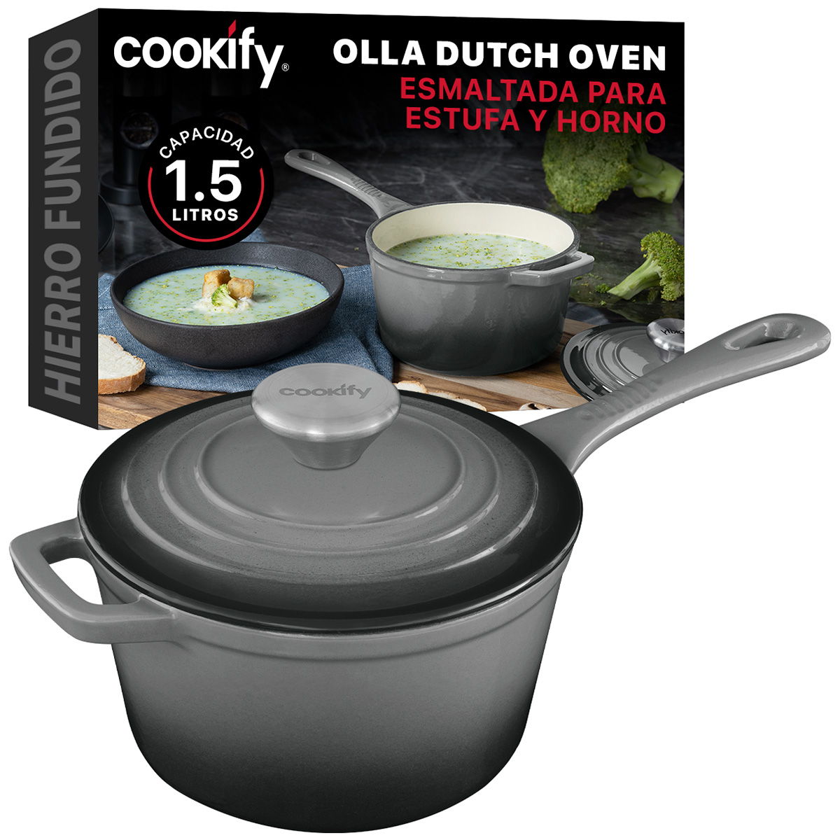 Horno Holandés Olla De Hierro Fundido Con Esmaltado1.5 Lts Gris Cookify.