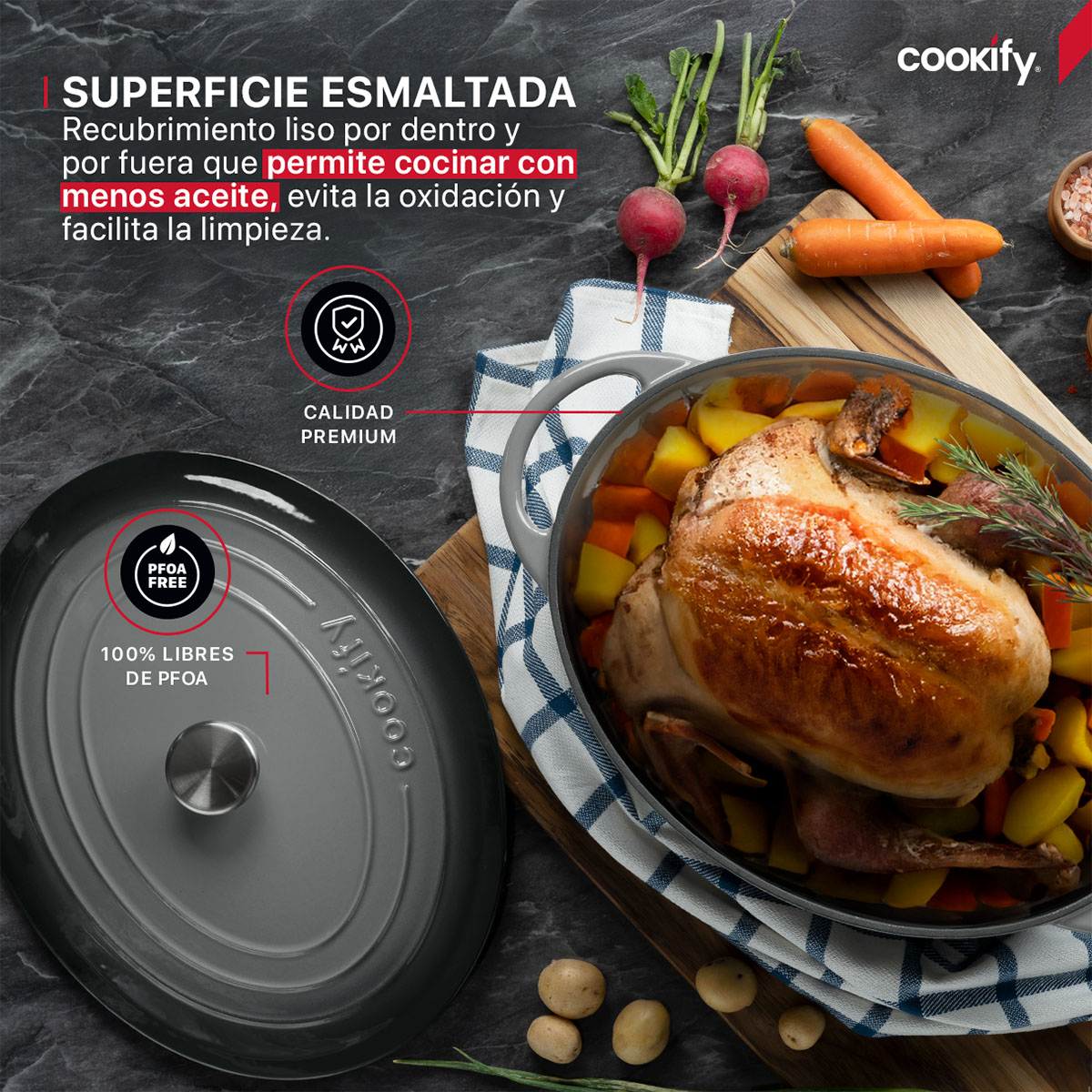 Horno Holandés Olla De Hierro Fundido Con Esmaltado 7 Lts Gris Cookify.