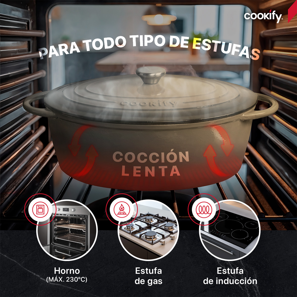 Horno Holandés Olla De Hierro Fundido Con Esmaltado 7 Lts Gris Cookify.