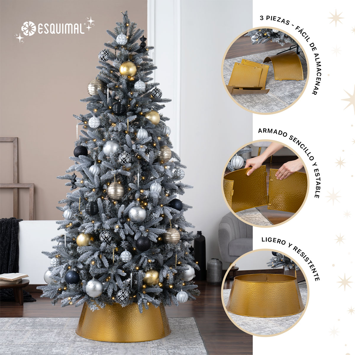 Pie de Árbol de Navidad Collar Metálico Falda para Pino Navideño Anillo de Acero Decoración Dorado ESQUIMAL