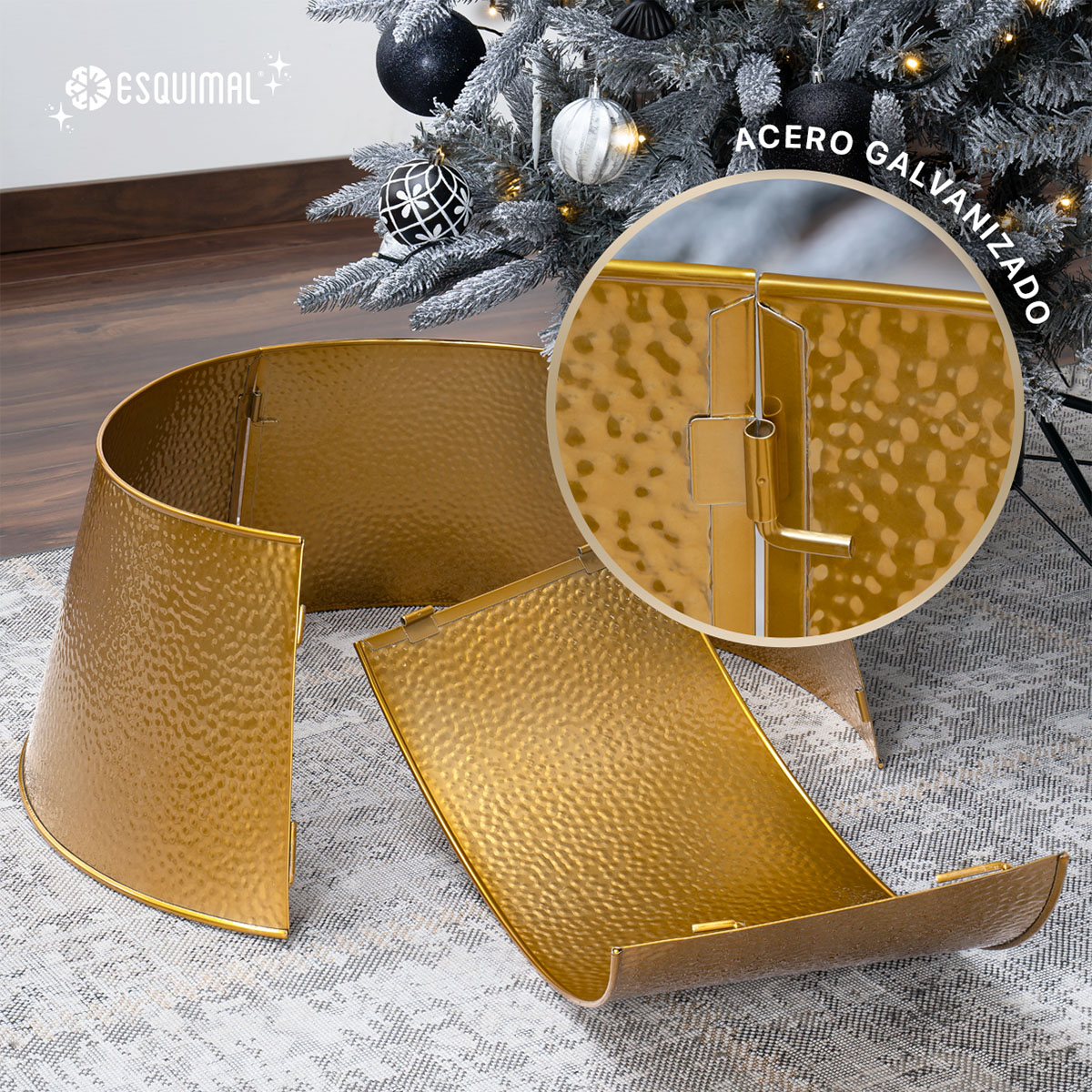 Pie de Árbol de Navidad Collar Metálico Falda para Pino Navideño Anillo de Acero Decoración Dorado ESQUIMAL