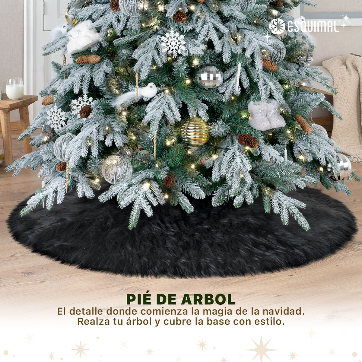 Pie de Árbol de Navidad Afelpado Mediano Tapete para Pino Navideño Falda para Decoración Navideña Negro ESQUIMAL