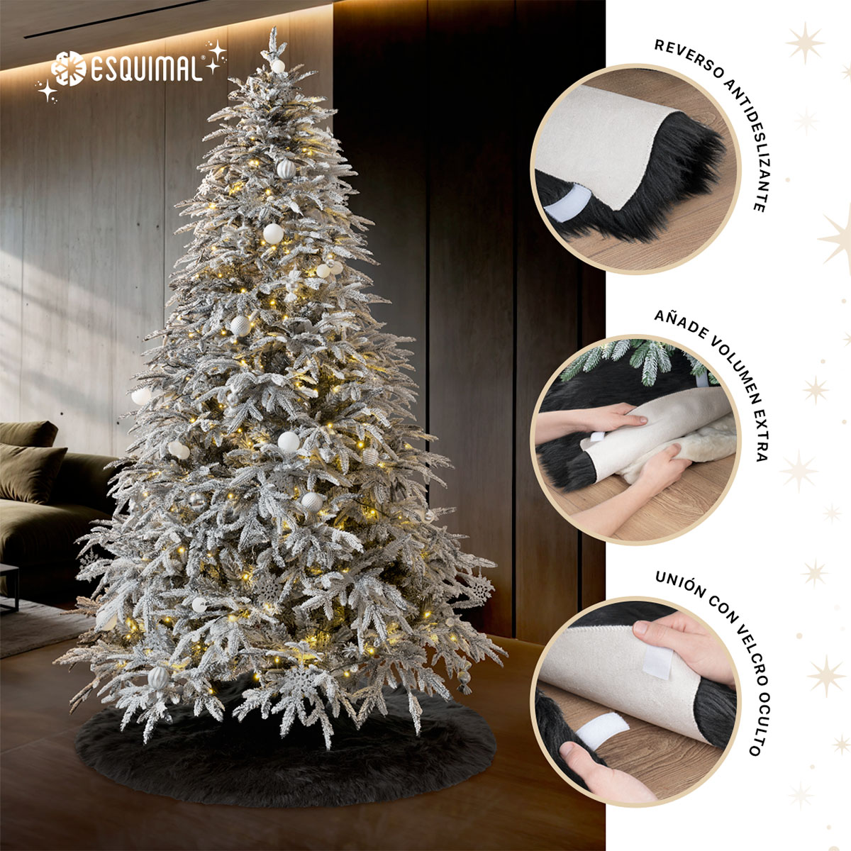 Pie de Árbol de Navidad Afelpado Mediano Tapete para Pino Navideño Falda para Decoración Navideña Negro ESQUIMAL