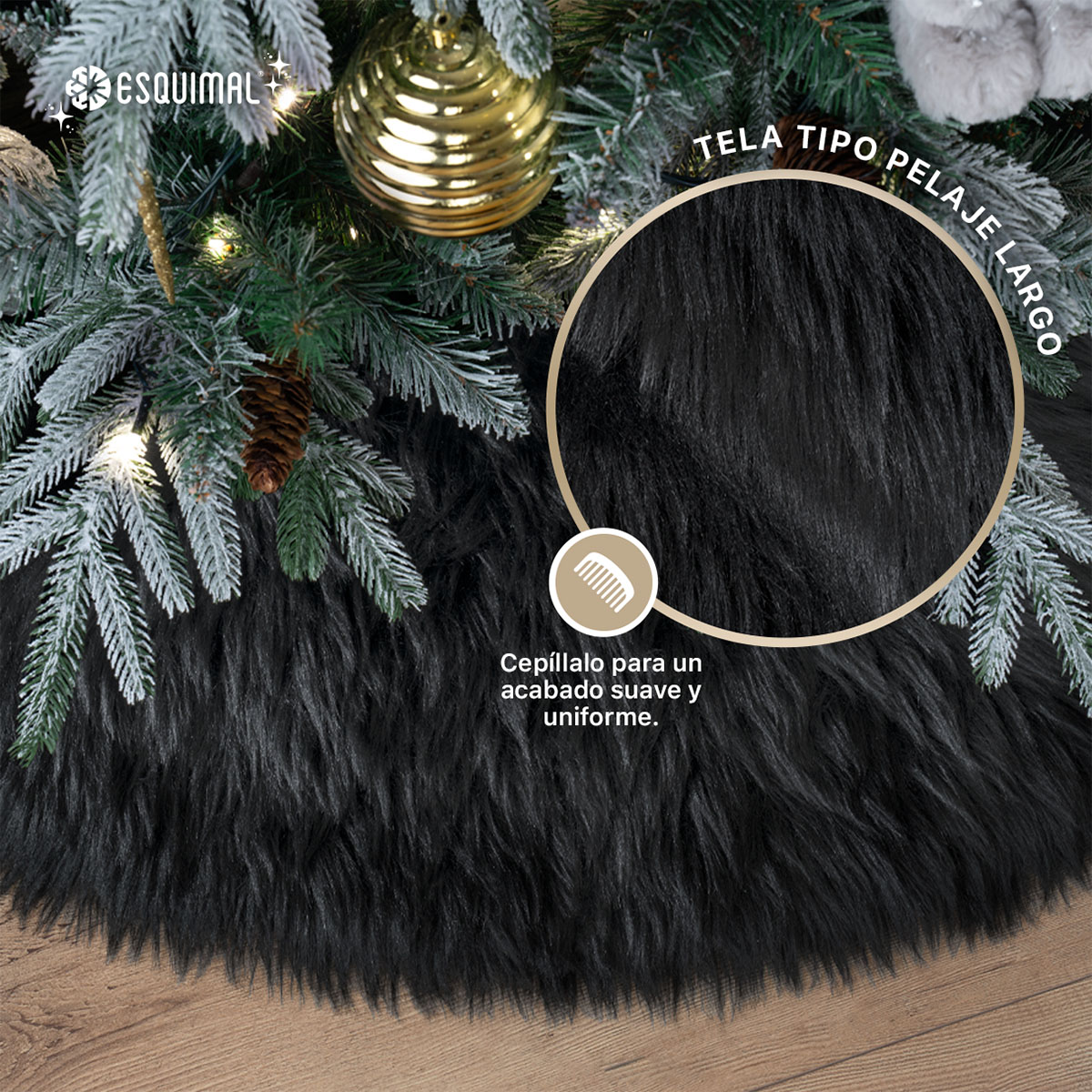 Pie de Árbol de Navidad Afelpado Mediano Tapete para Pino Navideño Falda para Decoración Navideña Negro ESQUIMAL