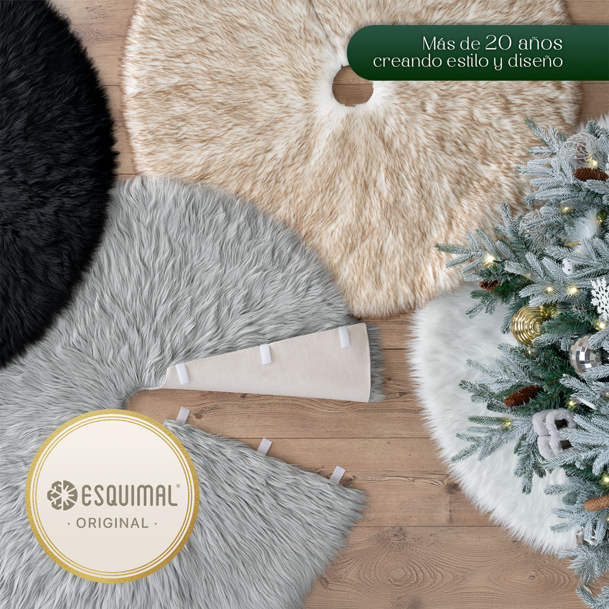Pie de Árbol de Navidad Afelpado Mediano Tapete para Pino Navideño Falda para Decoración Navideña Negro ESQUIMAL