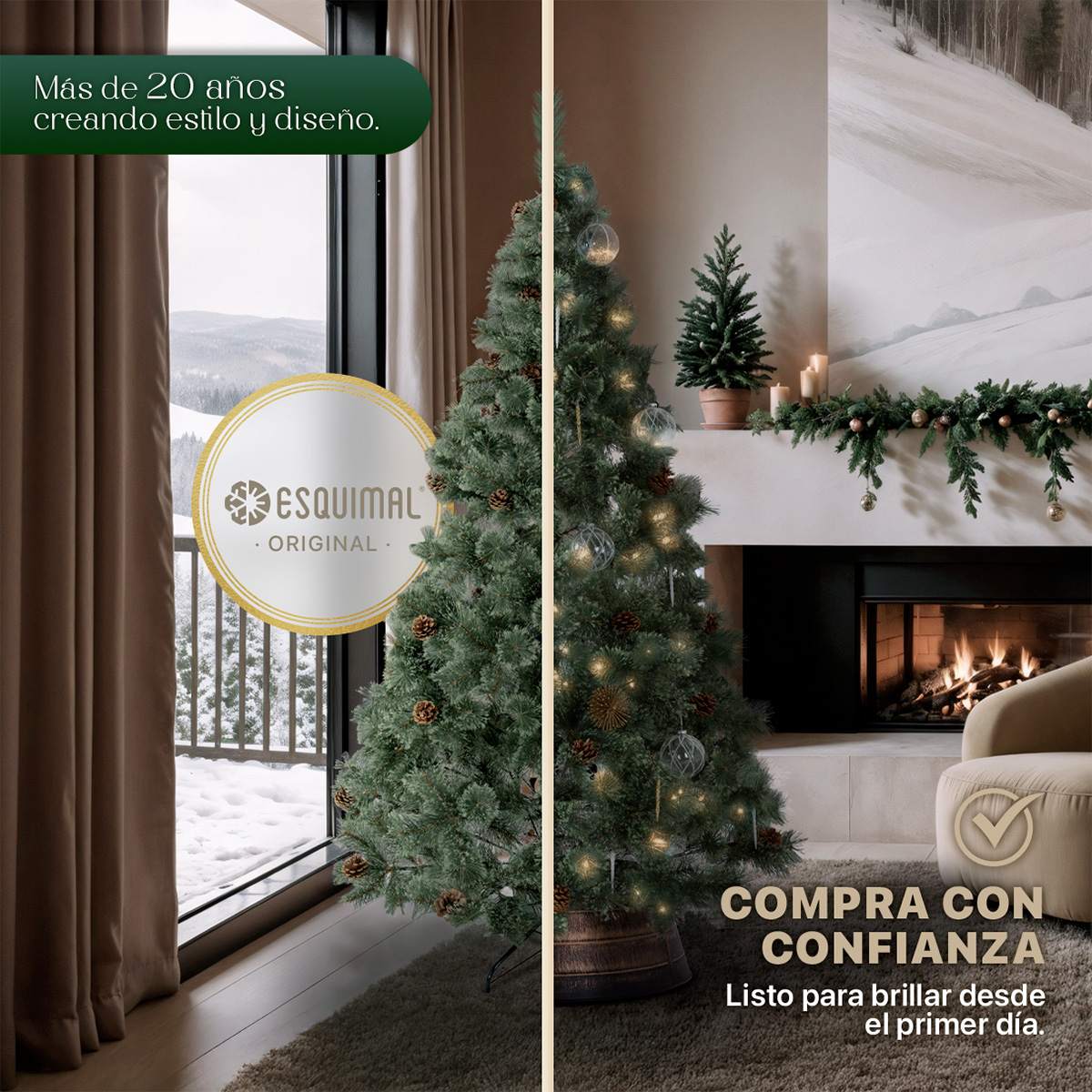 Árbol de Navidad Pino Blanco con Piñas, Apariencia Natural y Realista 2.2 m, 498 Ramas. (Verde olivo) ESQUIMAL