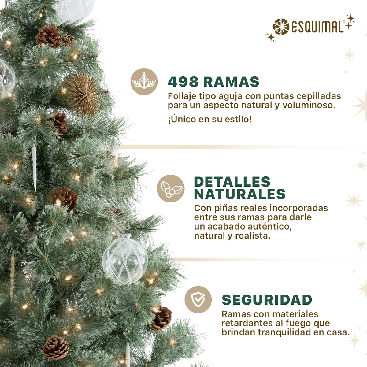 Árbol de Navidad Pino Blanco con Piñas, Apariencia Natural y Realista 2.2 m, 498 Ramas. (Verde olivo) ESQUIMAL