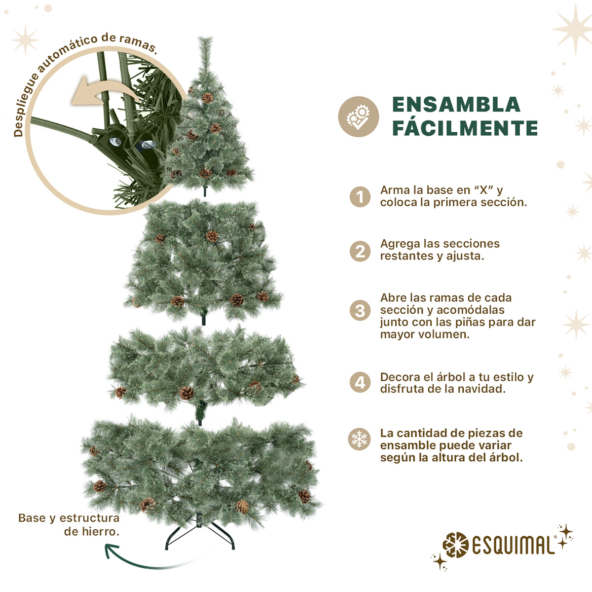 Árbol de Navidad Pino Blanco con Piñas, Apariencia Natural y Realista 2.2 m, 498 Ramas. (Verde olivo) ESQUIMAL