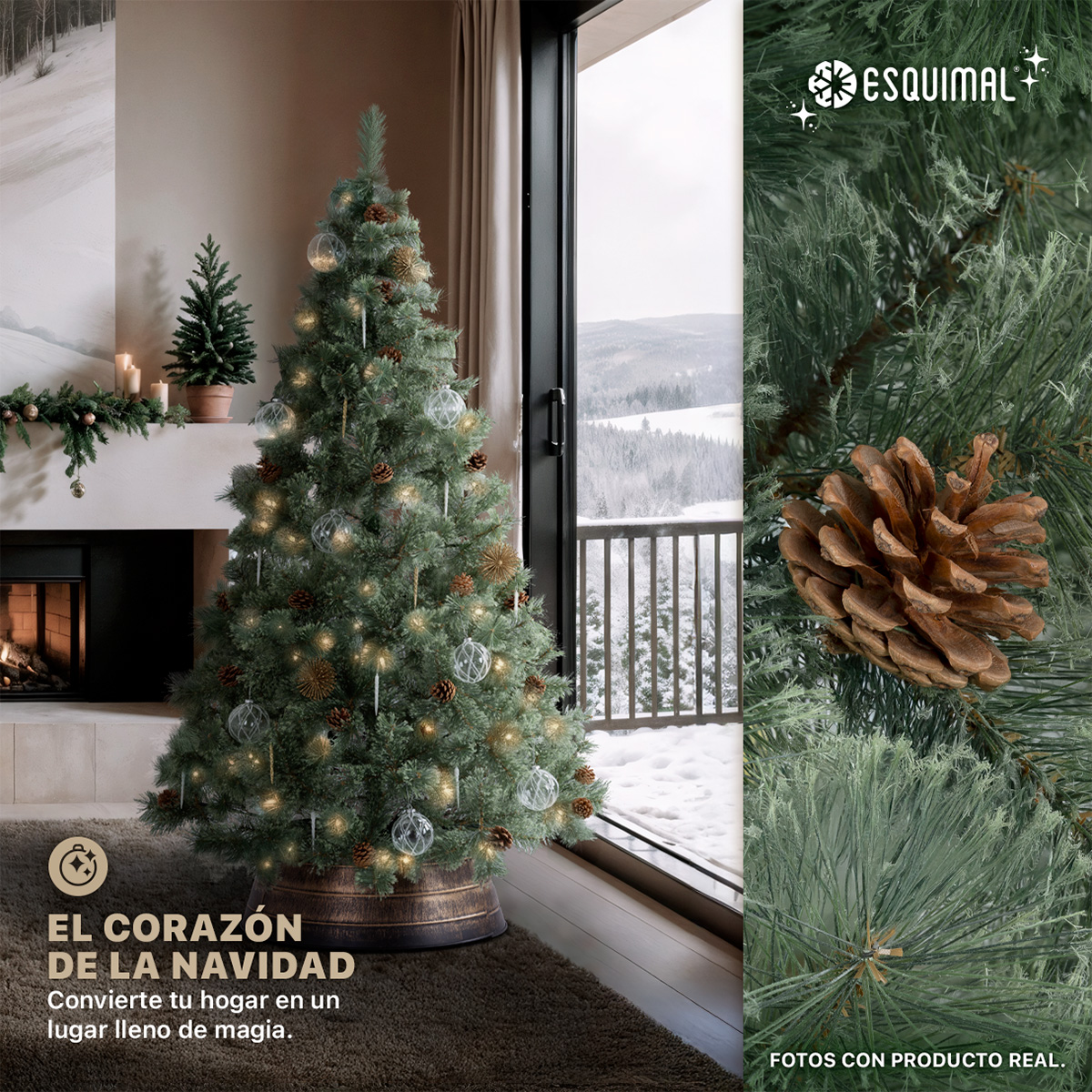 Árbol de Navidad Pino Blanco con Piñas, Apariencia Natural y Realista 2.2 m, 498 Ramas. (Verde olivo) ESQUIMAL