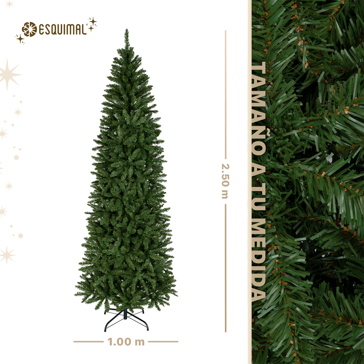 Árbol de Navidad Tipo Lápiz 2.5m 1550 Ramas Pino para Temporada Navideña (Verde Oliva) ESQUIMAL