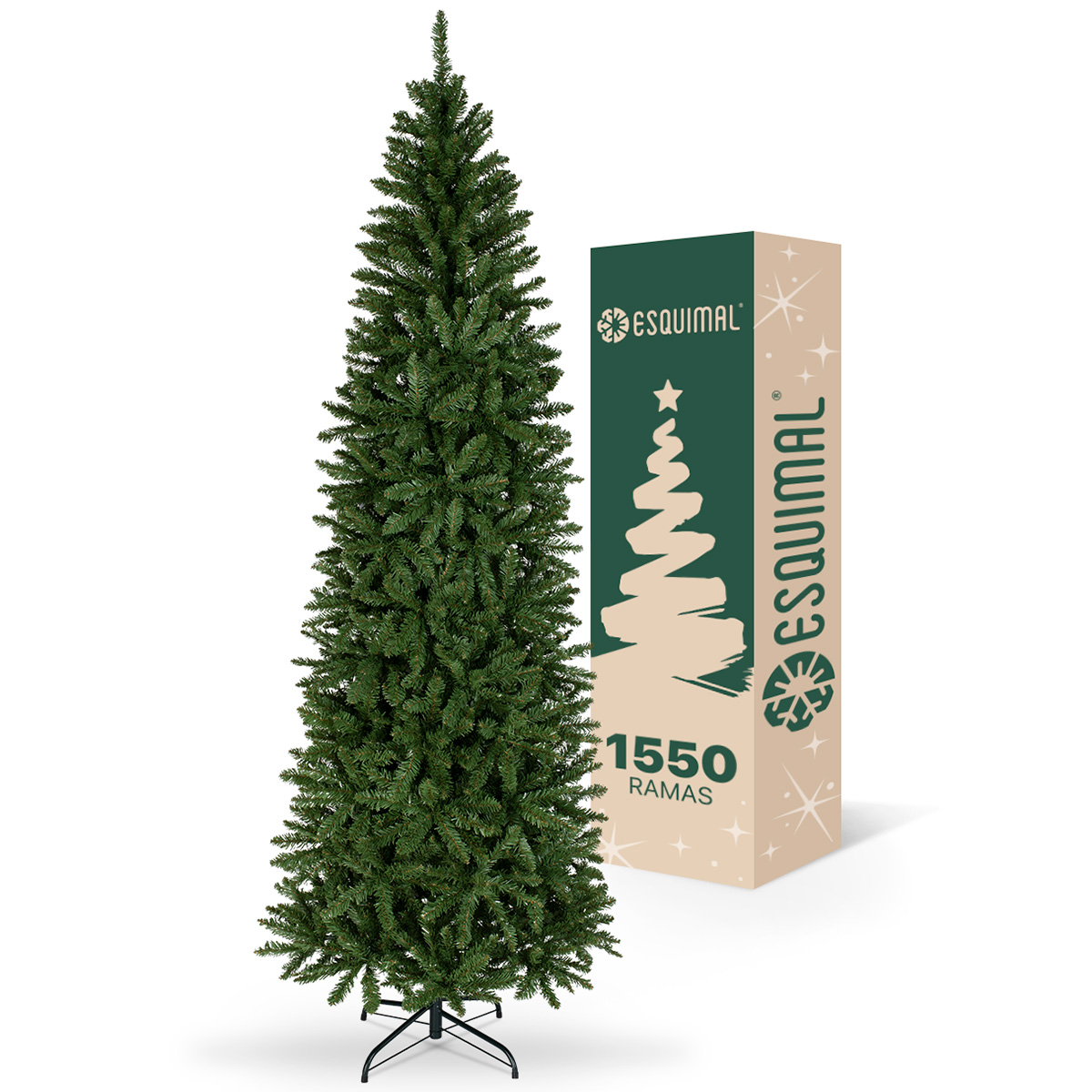Árbol de Navidad Tipo Lápiz 2.5m 1550 Ramas Pino para Temporada Navideña (Verde Oliva) ESQUIMAL