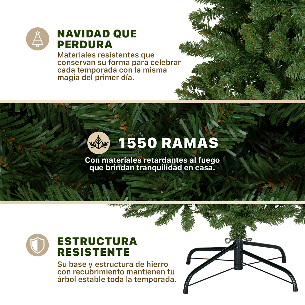 Árbol de Navidad Tipo Lápiz 2.5m 1550 Ramas Pino para Temporada Navideña (Verde Oliva) ESQUIMAL