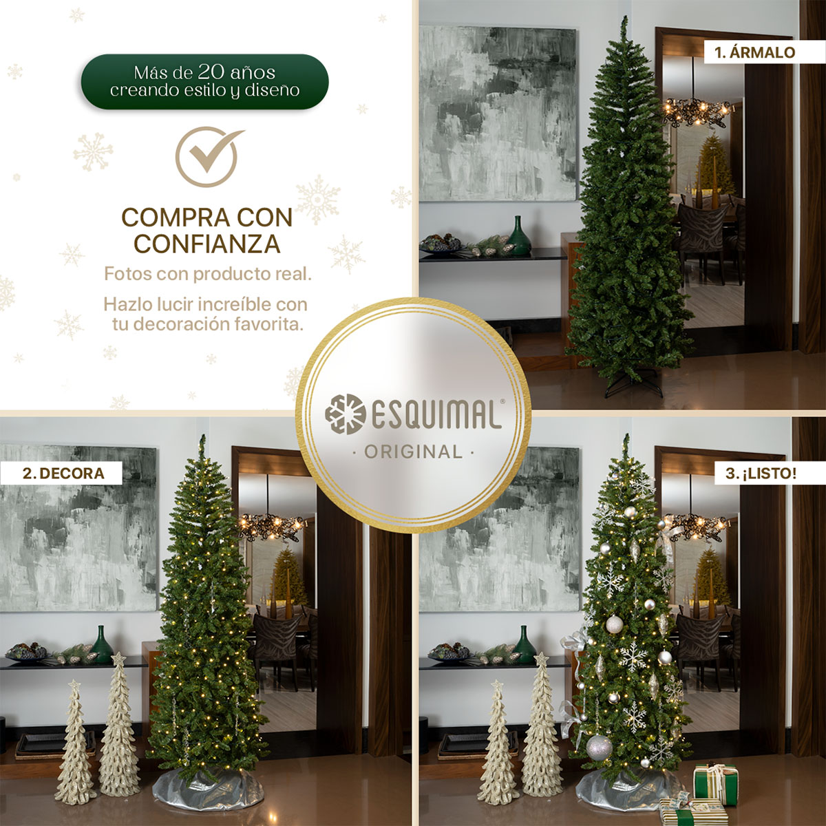 Árbol de Navidad Tipo Lápiz 2.5m 1550 Ramas Pino para Temporada Navideña (Verde Oliva) ESQUIMAL