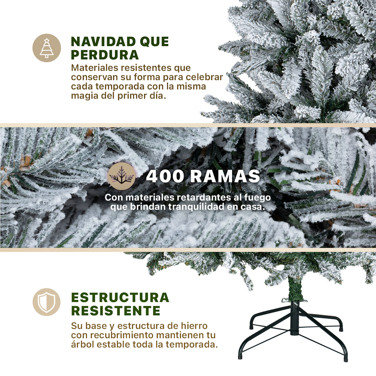Árbol de Navidad Nevado Pino Navideño 1.6m 400 Ramas (Verde). ESQUIMAL