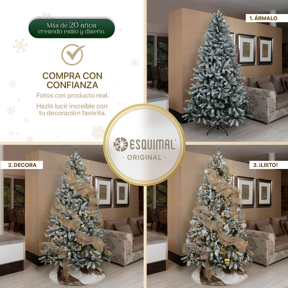 Árbol de Navidad Nevado Pino Navideño 1.6m 400 Ramas (Verde). ESQUIMAL