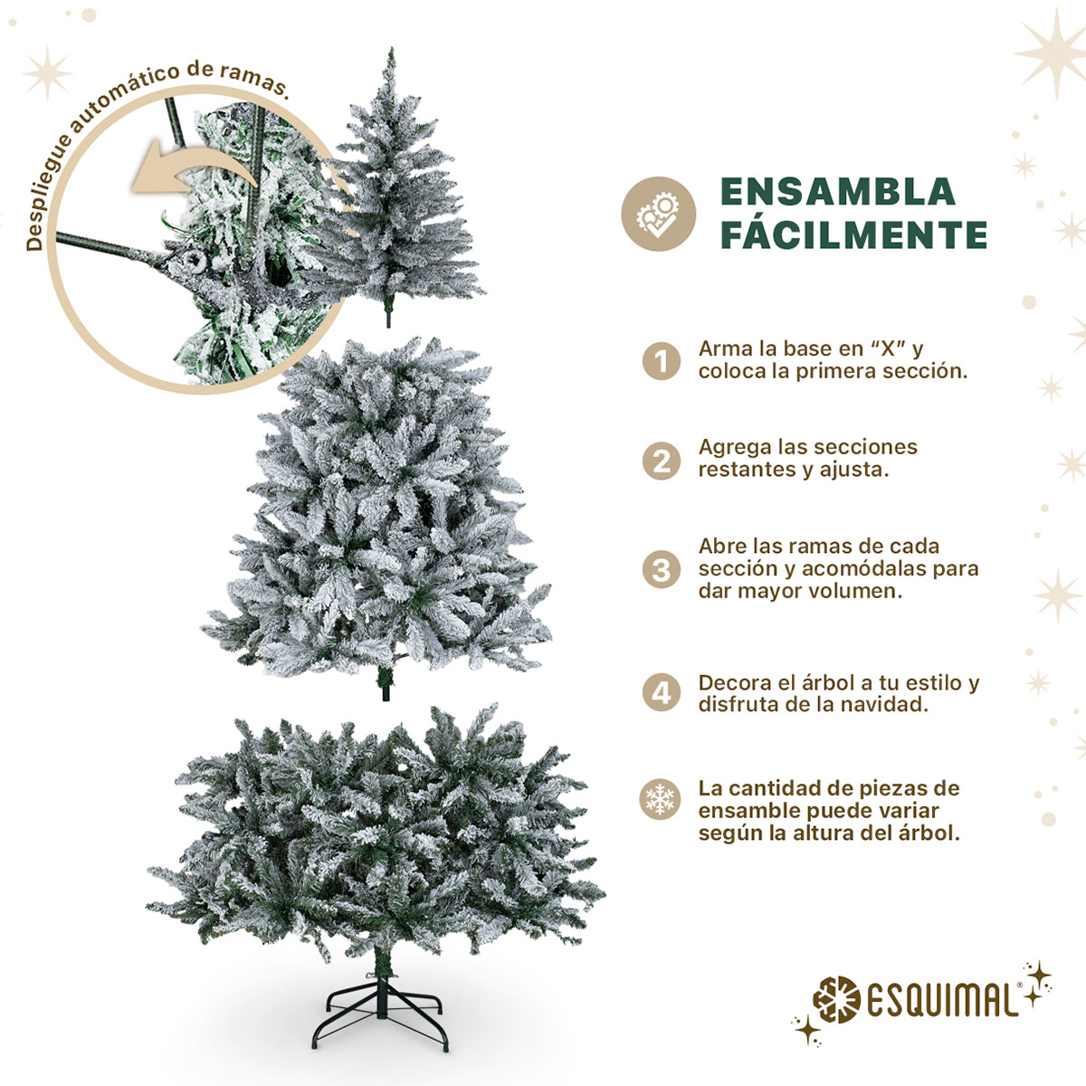 Árbol de Navidad Nevado Pino Navideño 1.6m 400 Ramas (Verde). ESQUIMAL