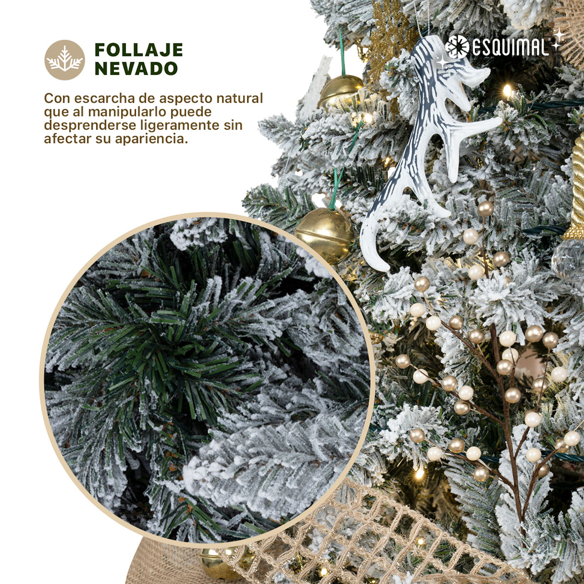 Árbol de Navidad Nevado Pino de 1.8m 780 Ramas  para Temporada Navideña (Verde). ESQUIMAL