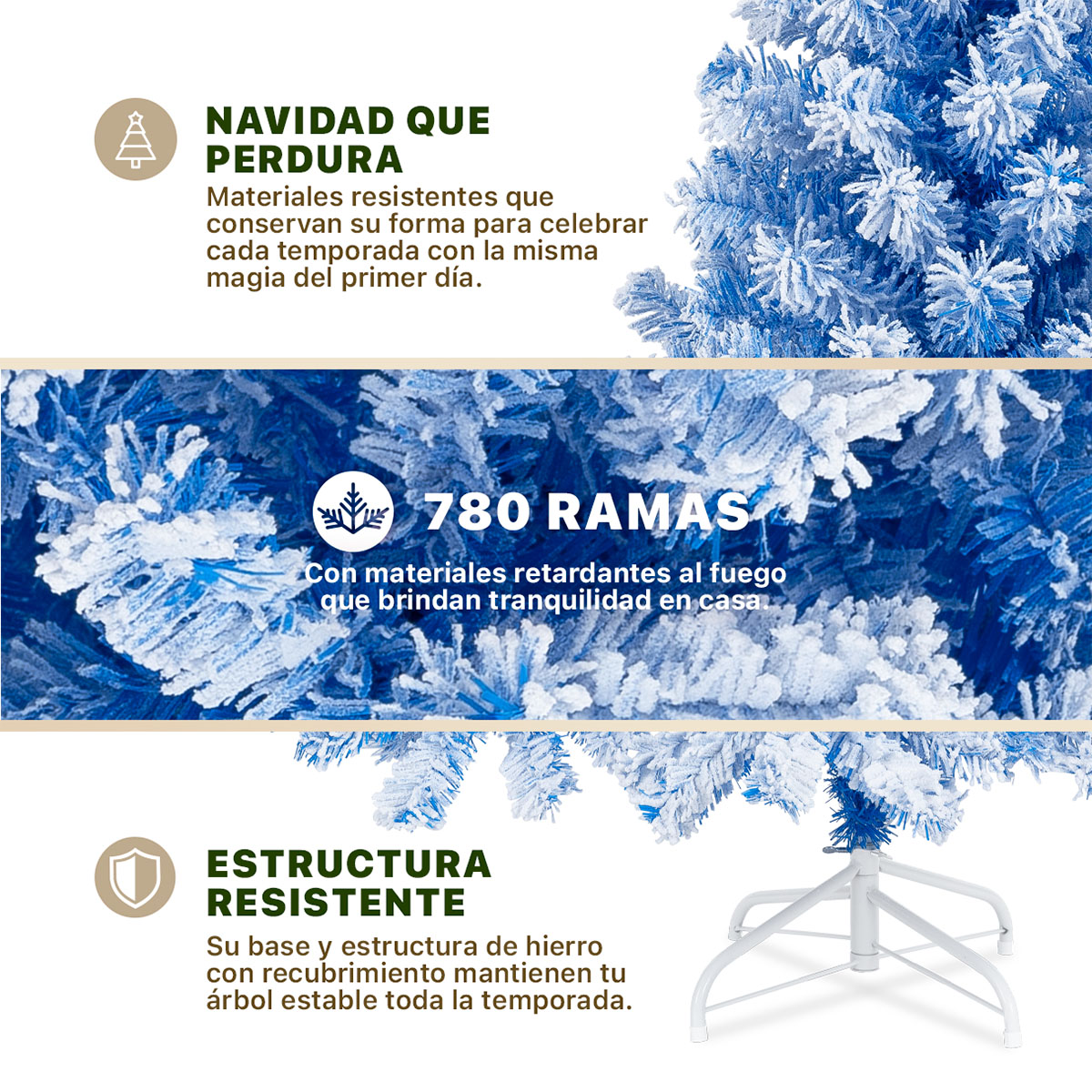 Árbol de Navidad Nevado Pino Navideño de 1.8m 780 Ramas  (Azul).  ESQUIMAL.
