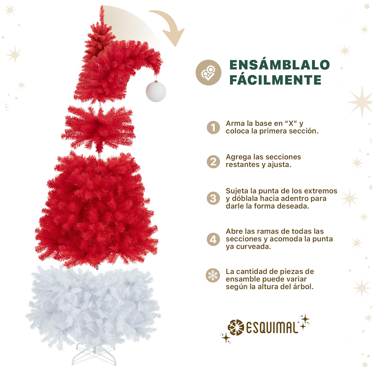 Árbol de Navidad Gorro de Santa Punta Flexible con Esfera 1.8m 1110 Ramas para Temporada Navideña Rojo/Blanco  ESQUIMAL