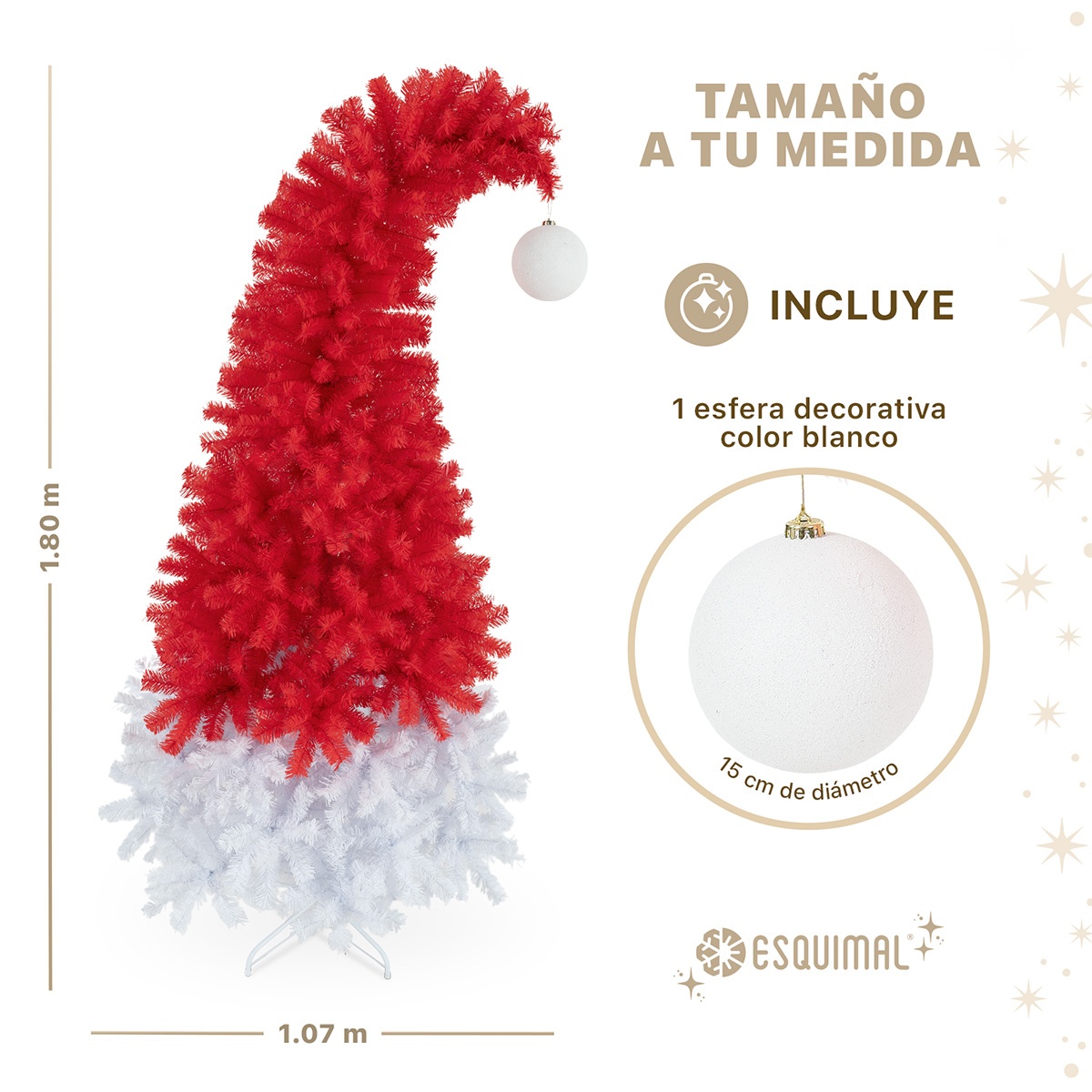 Árbol de Navidad Gorro de Santa Punta Flexible con Esfera 1.8m 1110 Ramas para Temporada Navideña Rojo/Blanco  ESQUIMAL