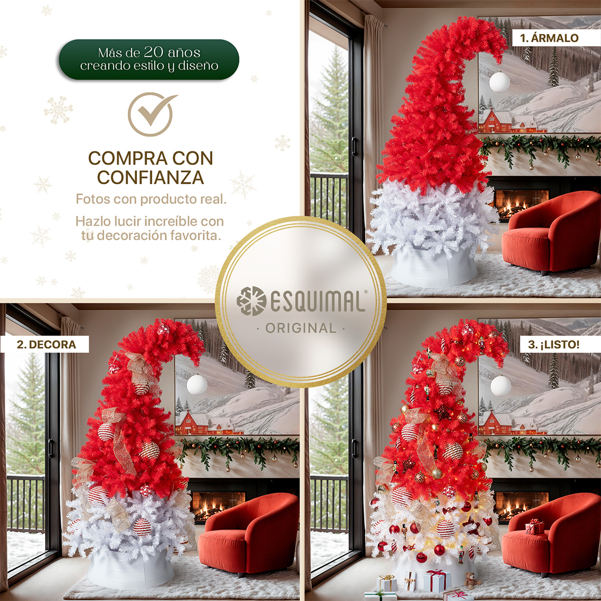 Árbol de Navidad Gorro de Santa Punta Flexible con Esfera 1.8m 1110 Ramas para Temporada Navideña Rojo/Blanco  ESQUIMAL