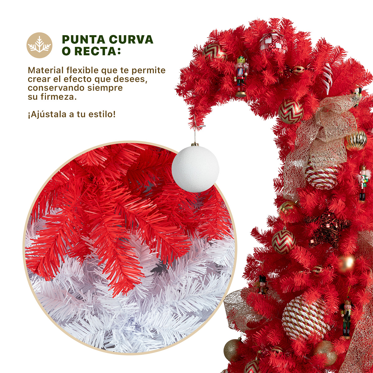 Árbol de Navidad Gorro de Santa Punta Flexible con Esfera 1.8m 1110 Ramas para Temporada Navideña Rojo/Blanco  ESQUIMAL