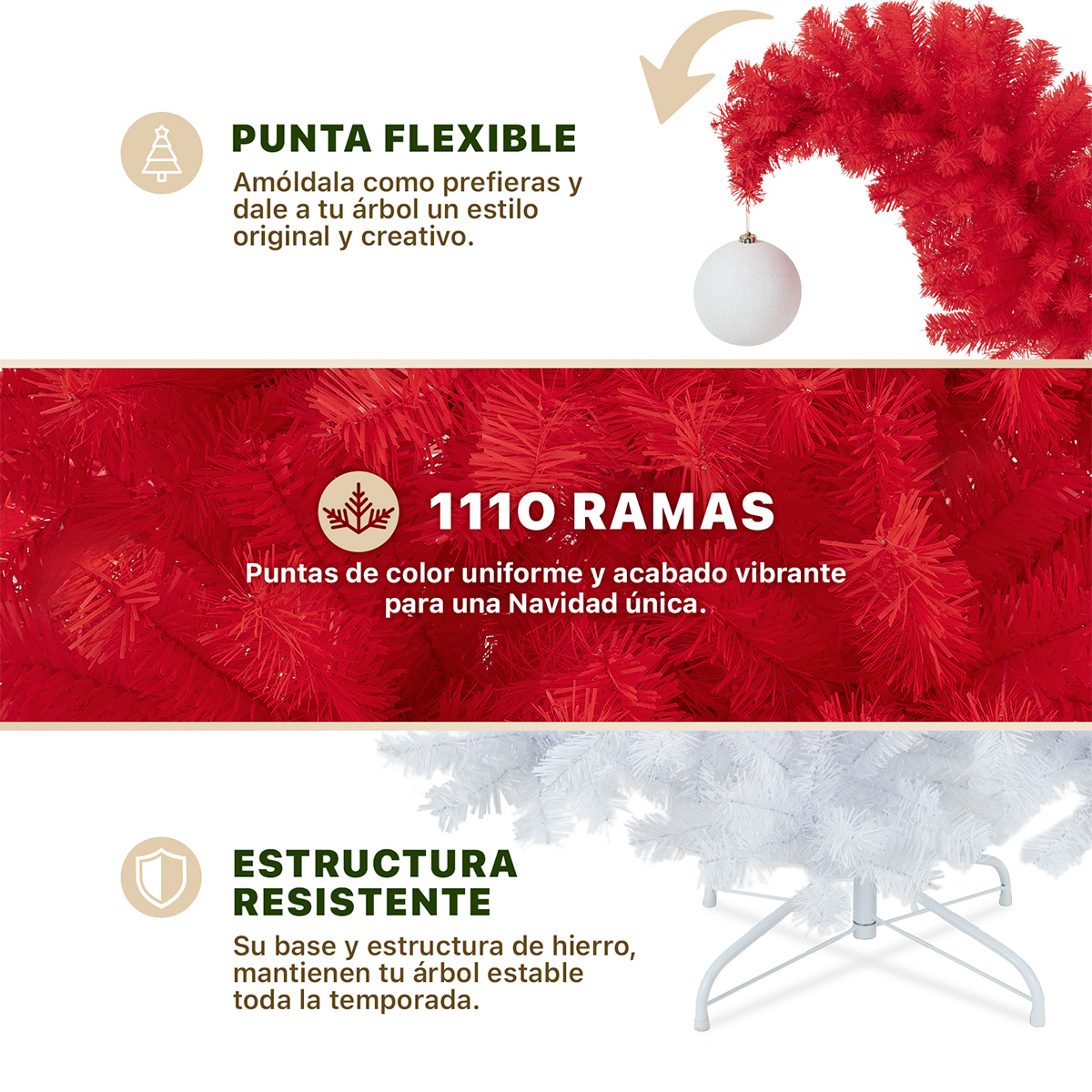 Árbol de Navidad Gorro de Santa Punta Flexible con Esfera 1.8m 1110 Ramas para Temporada Navideña Rojo/Blanco  ESQUIMAL