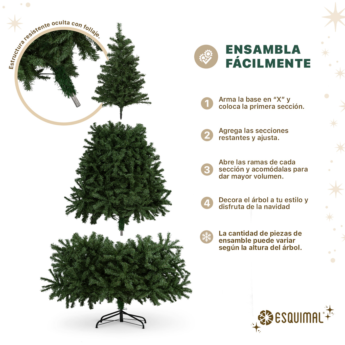 Árbol de Navidad Artificial Pino Clásico 2.2m 1800 Ramas para Temporada Navideña Verde ESQUIMAL